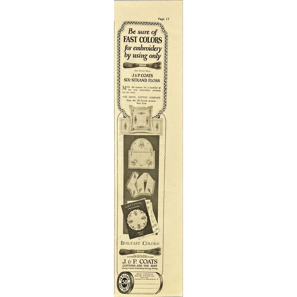 J & P Coats "Six-Strand Floss for Embroidery" Vintage Print Ad 1926